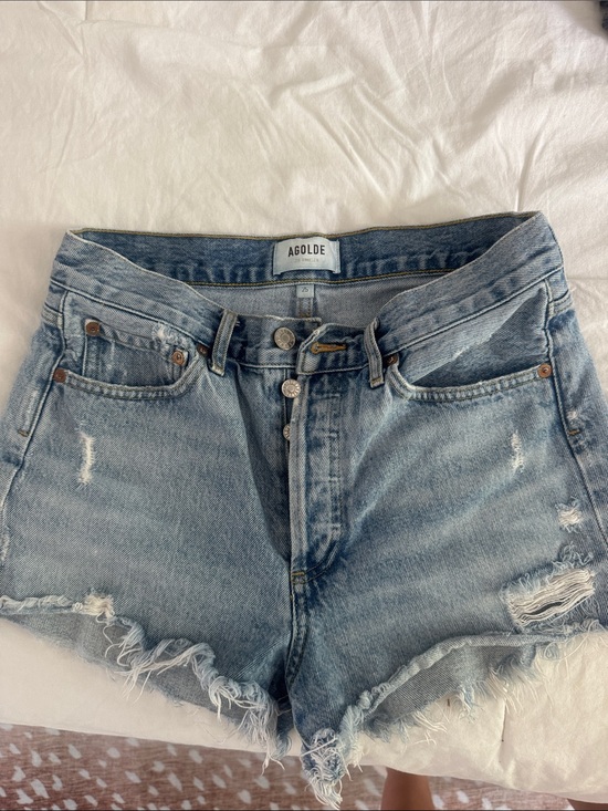 Agolde Pants - Agolde Faded Light Blue Distressed High-Rise Jean Shorts